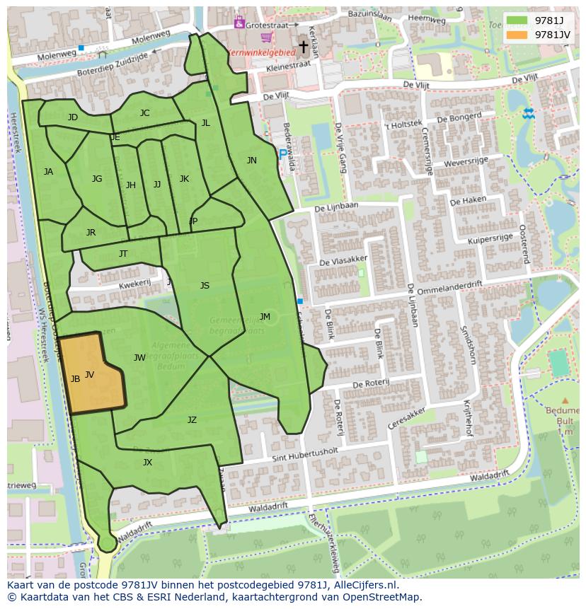 Afbeelding van het postcodegebied 9781 JV op de kaart.