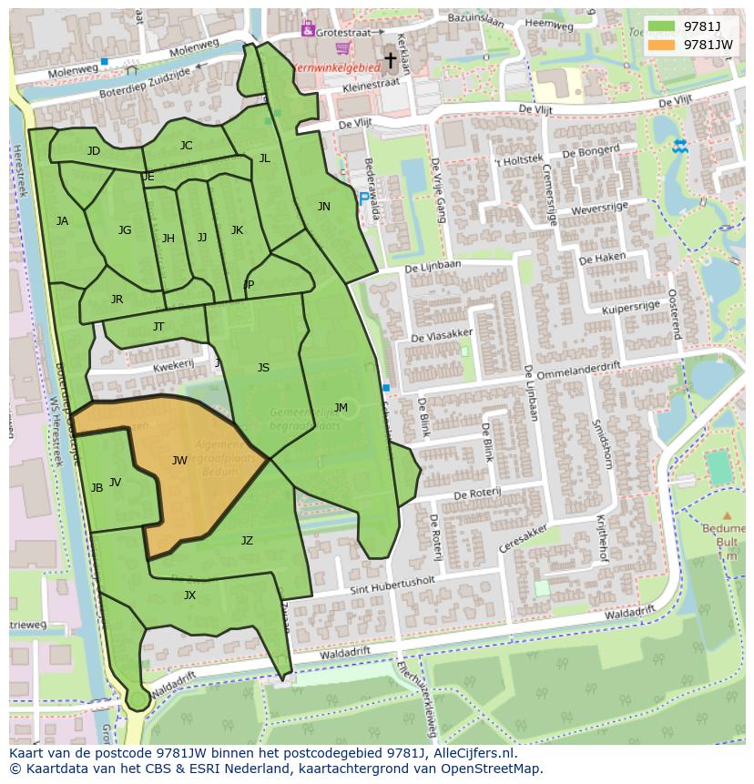 Afbeelding van het postcodegebied 9781 JW op de kaart.