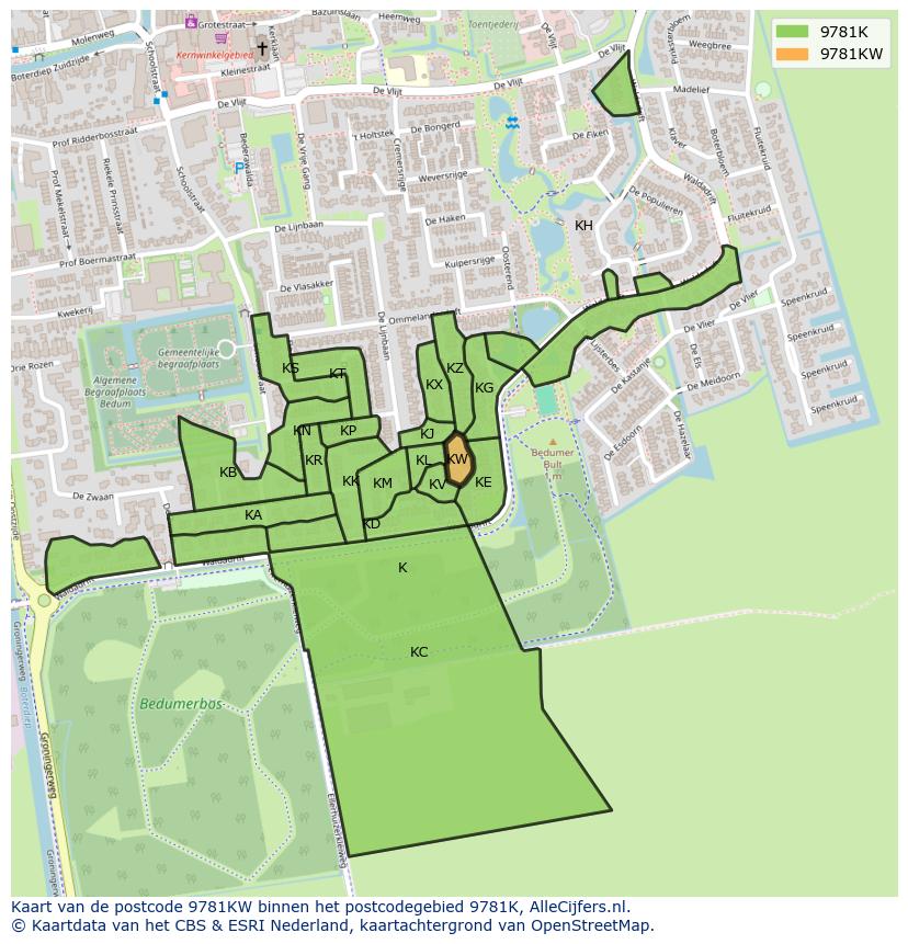 Afbeelding van het postcodegebied 9781 KW op de kaart.