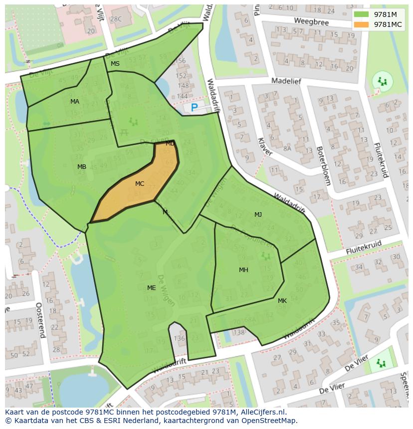 Afbeelding van het postcodegebied 9781 MC op de kaart.