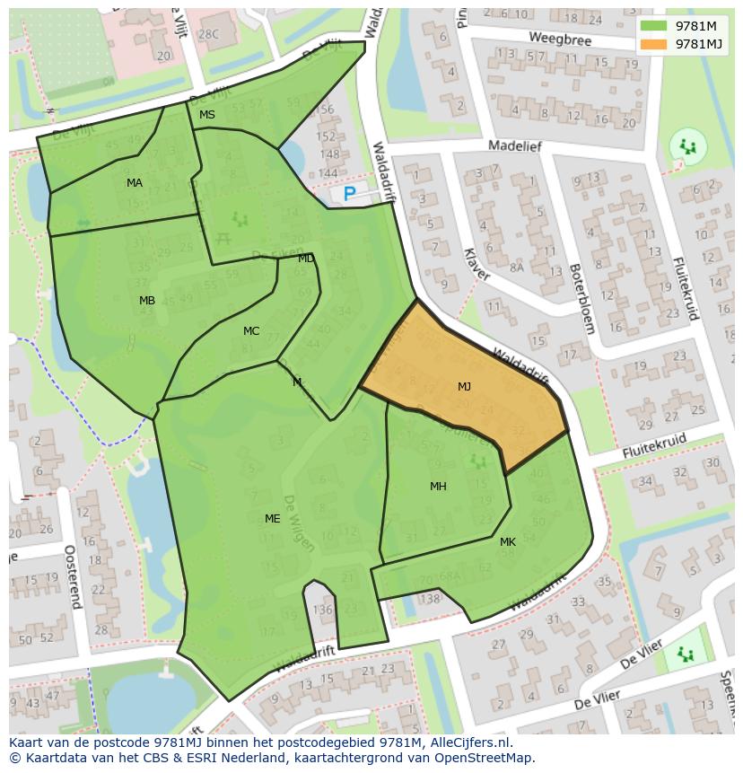 Afbeelding van het postcodegebied 9781 MJ op de kaart.