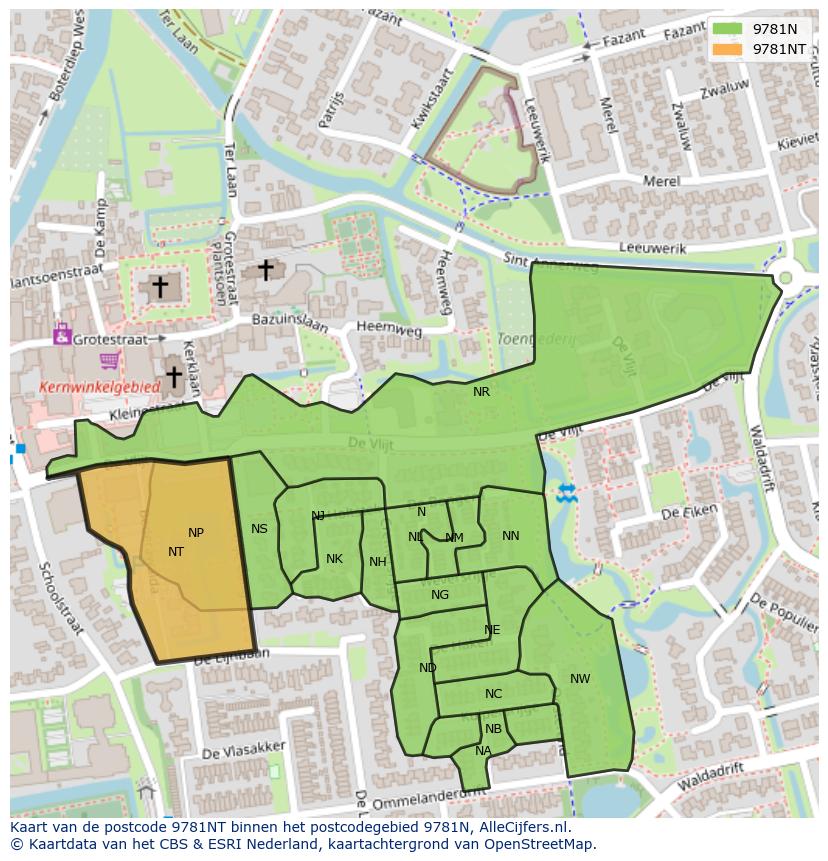Afbeelding van het postcodegebied 9781 NT op de kaart.