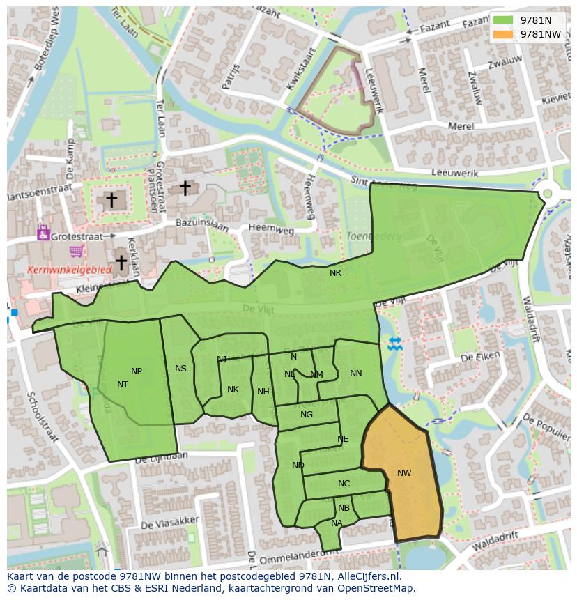 Afbeelding van het postcodegebied 9781 NW op de kaart.
