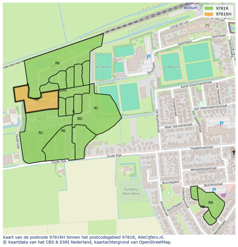 Afbeelding van het postcodegebied 9781 RH op de kaart.