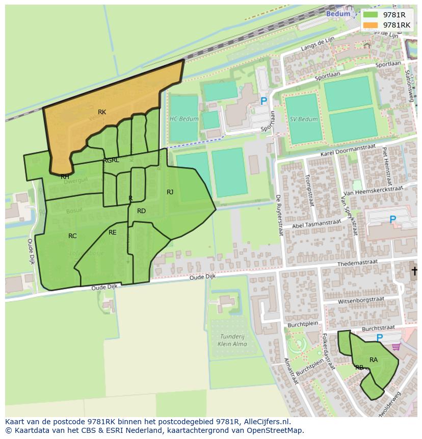 Afbeelding van het postcodegebied 9781 RK op de kaart.