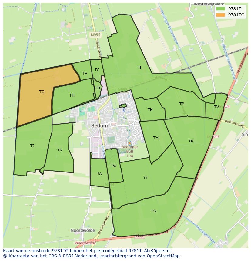 Afbeelding van het postcodegebied 9781 TG op de kaart.