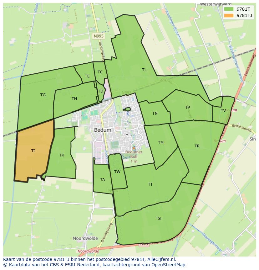 Afbeelding van het postcodegebied 9781 TJ op de kaart.