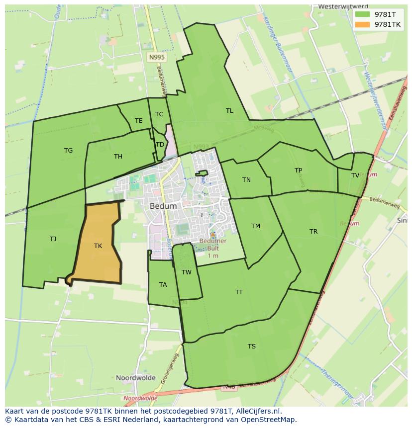 Afbeelding van het postcodegebied 9781 TK op de kaart.