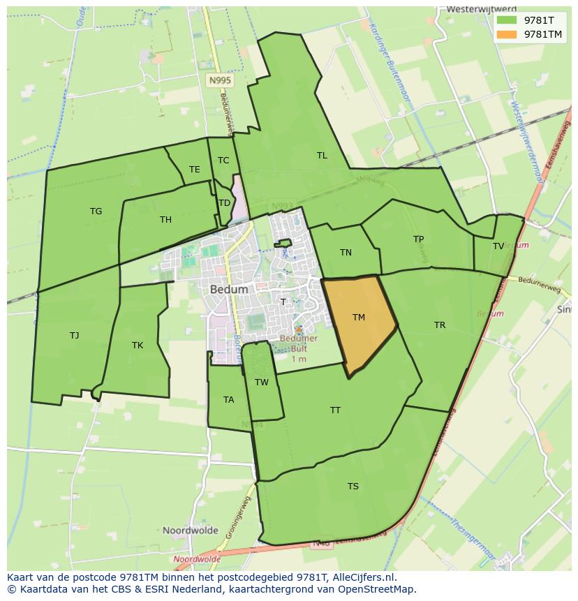 Afbeelding van het postcodegebied 9781 TM op de kaart.