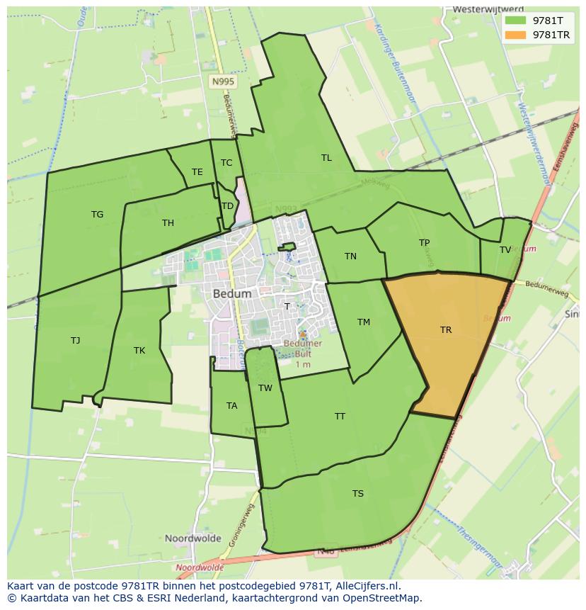 Afbeelding van het postcodegebied 9781 TR op de kaart.