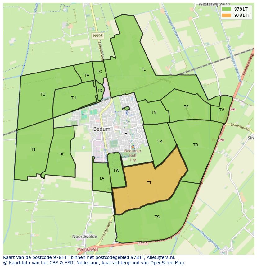 Afbeelding van het postcodegebied 9781 TT op de kaart.
