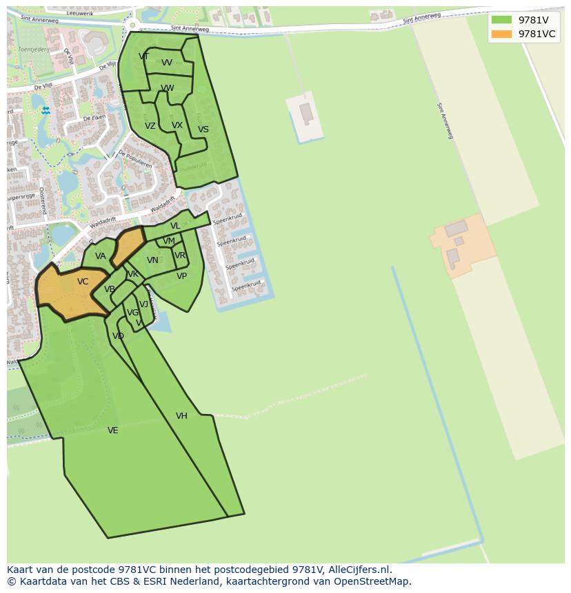 Afbeelding van het postcodegebied 9781 VC op de kaart.