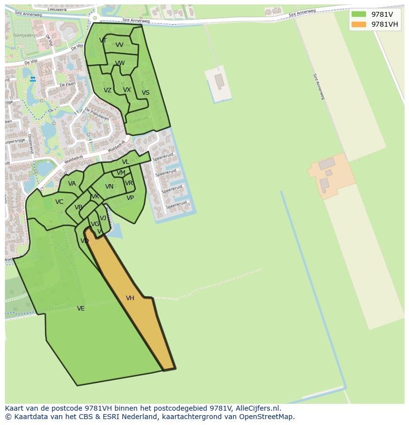 Afbeelding van het postcodegebied 9781 VH op de kaart.