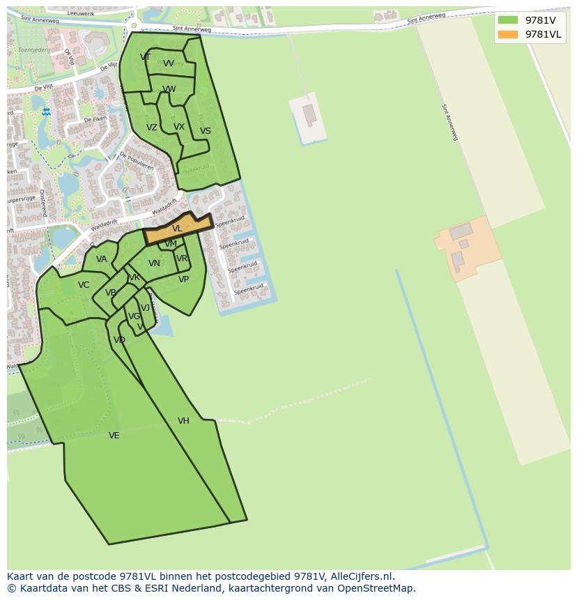 Afbeelding van het postcodegebied 9781 VL op de kaart.