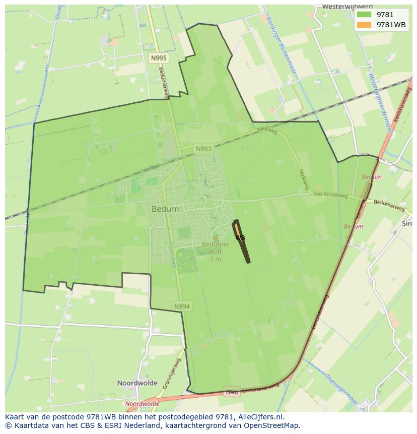 Afbeelding van het postcodegebied 9781 WB op de kaart.