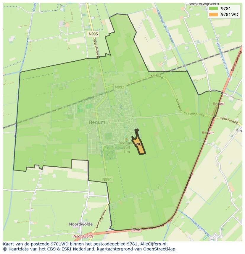 Afbeelding van het postcodegebied 9781 WD op de kaart.