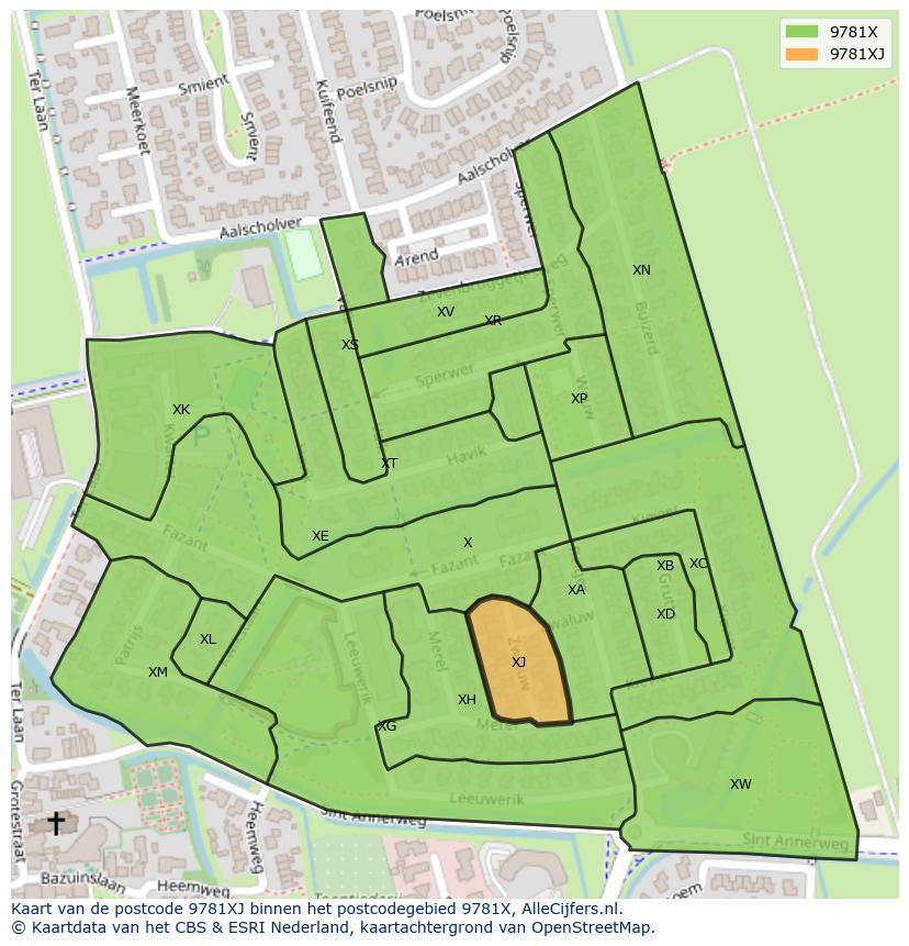 Afbeelding van het postcodegebied 9781 XJ op de kaart.
