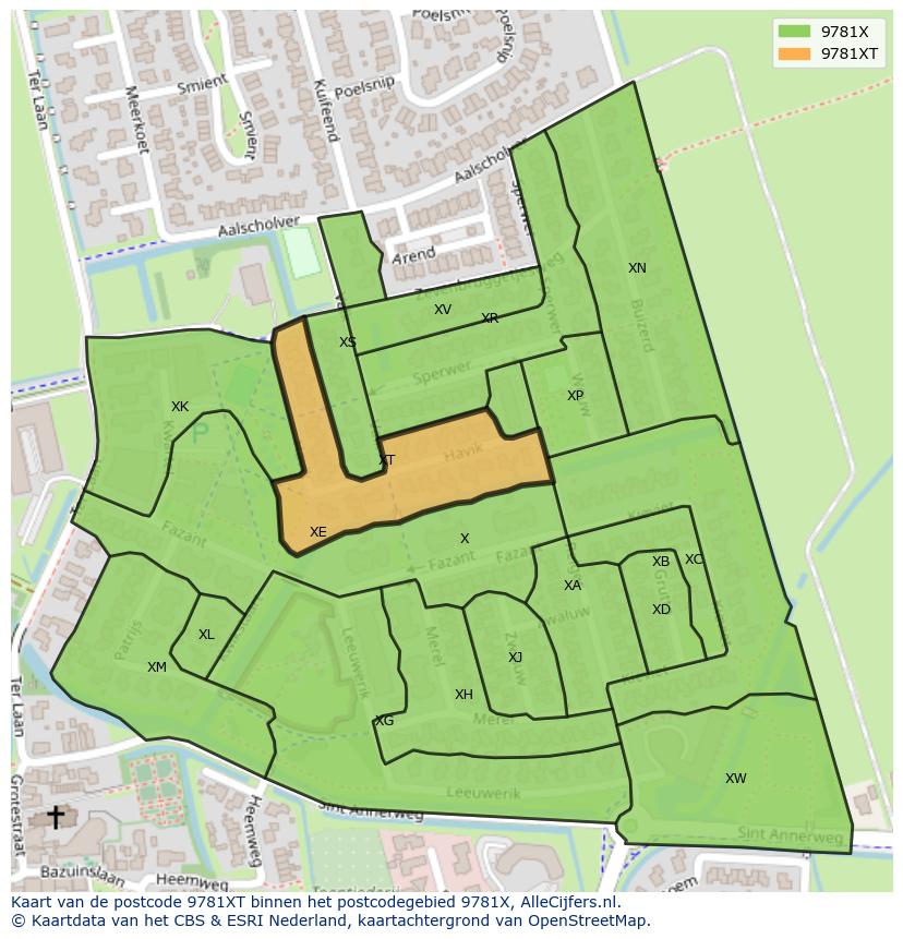 Afbeelding van het postcodegebied 9781 XT op de kaart.