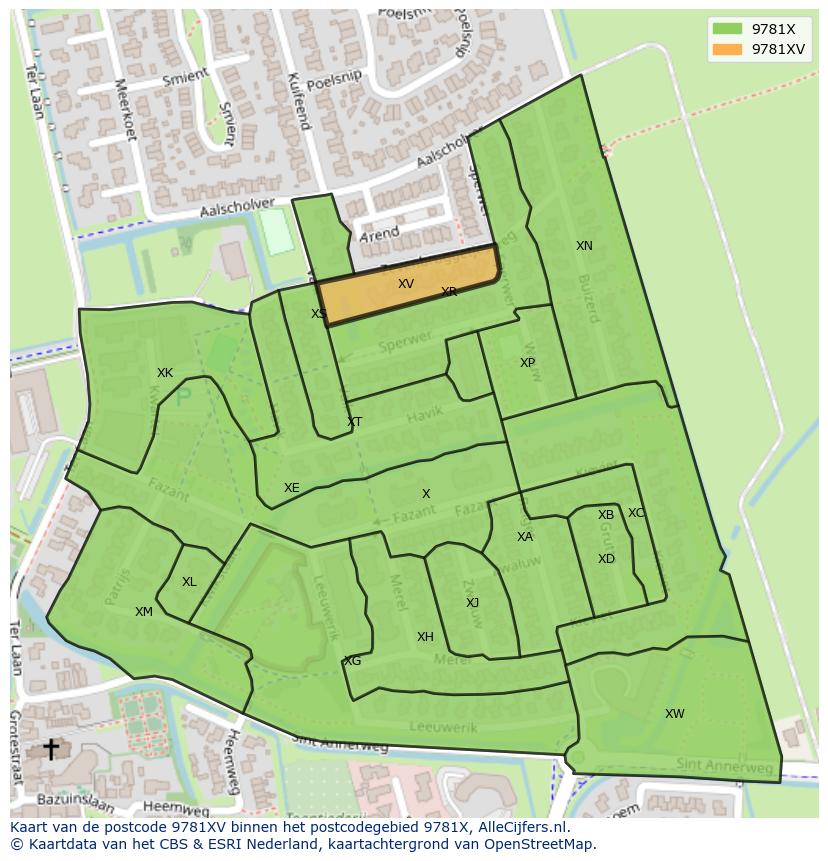 Afbeelding van het postcodegebied 9781 XV op de kaart.
