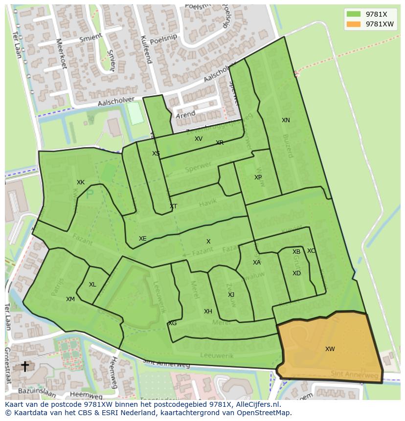 Afbeelding van het postcodegebied 9781 XW op de kaart.