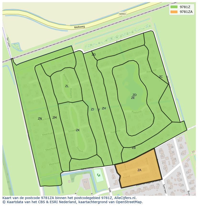Afbeelding van het postcodegebied 9781 ZA op de kaart.