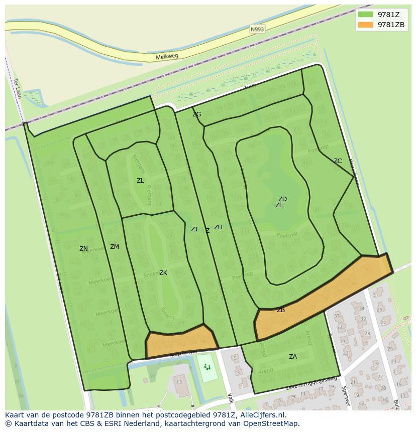 Afbeelding van het postcodegebied 9781 ZB op de kaart.