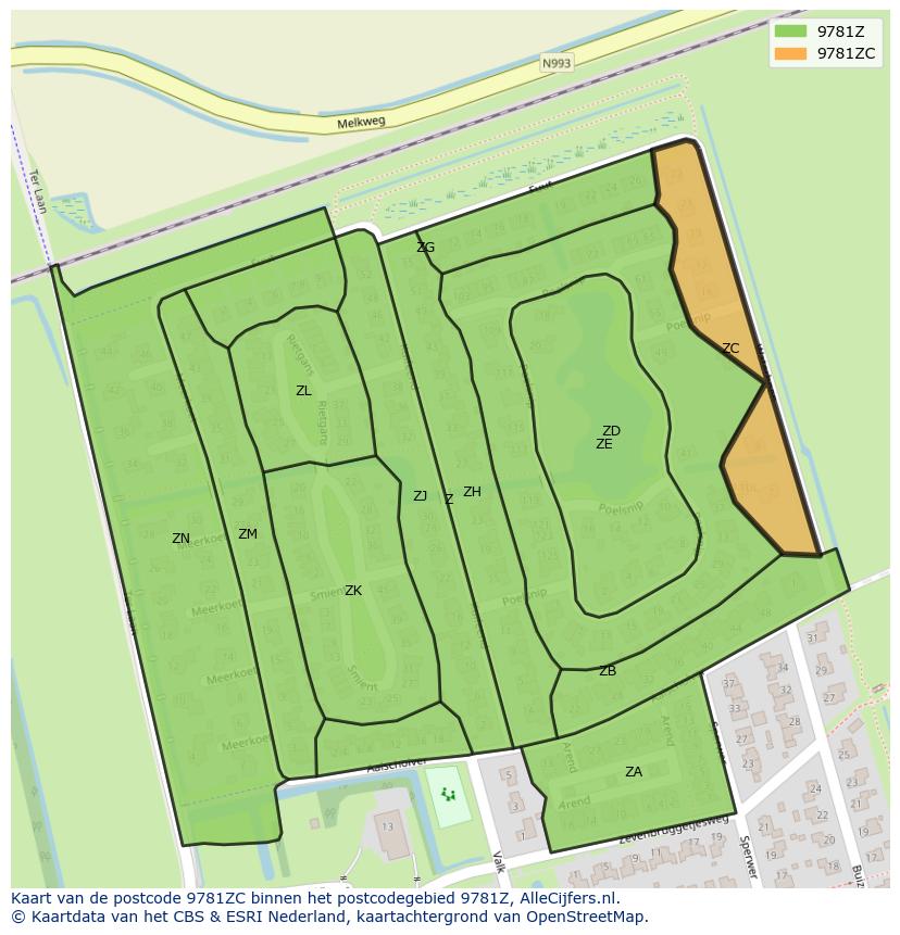 Afbeelding van het postcodegebied 9781 ZC op de kaart.