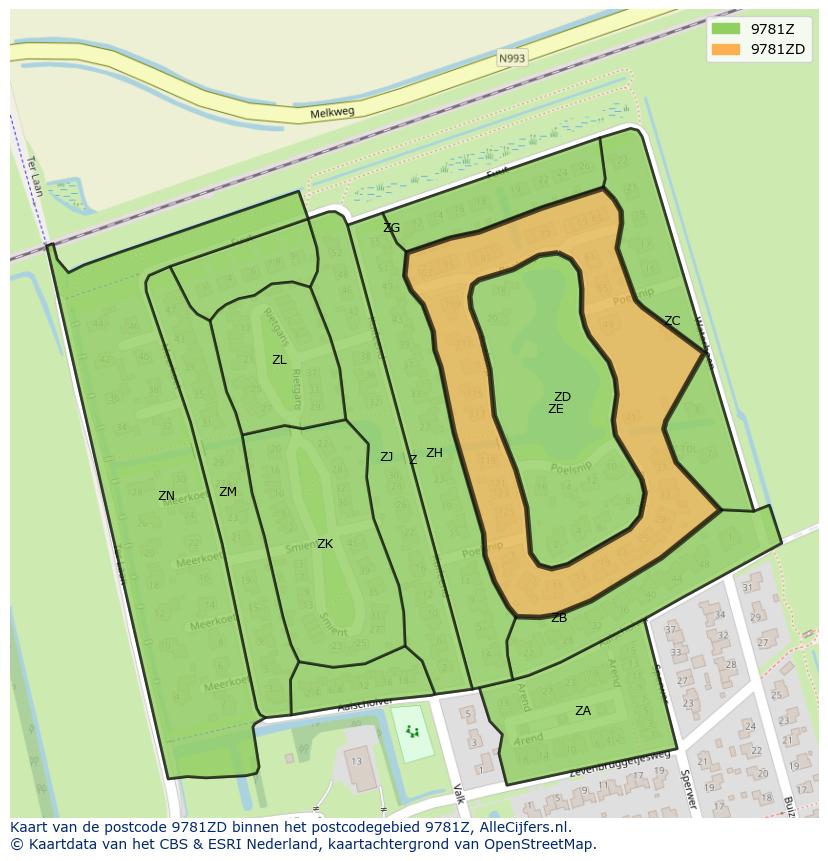Afbeelding van het postcodegebied 9781 ZD op de kaart.