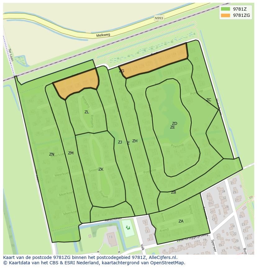 Afbeelding van het postcodegebied 9781 ZG op de kaart.
