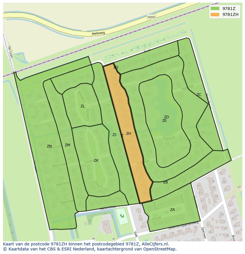 Afbeelding van het postcodegebied 9781 ZH op de kaart.