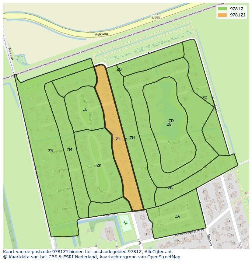 Afbeelding van het postcodegebied 9781 ZJ op de kaart.
