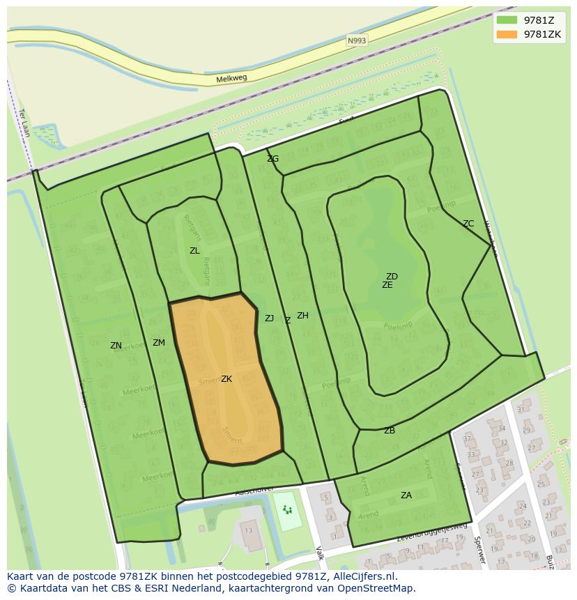 Afbeelding van het postcodegebied 9781 ZK op de kaart.