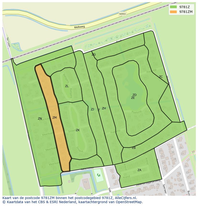 Afbeelding van het postcodegebied 9781 ZM op de kaart.