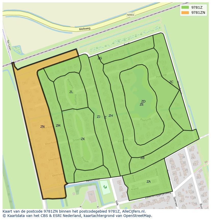 Afbeelding van het postcodegebied 9781 ZN op de kaart.