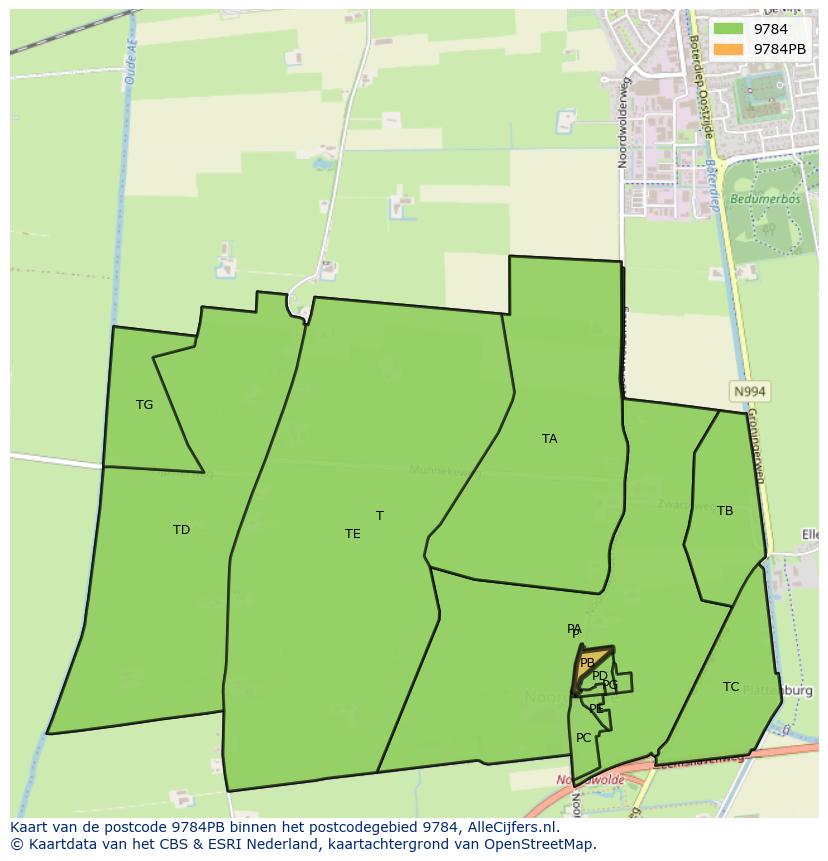 Afbeelding van het postcodegebied 9784 PB op de kaart.