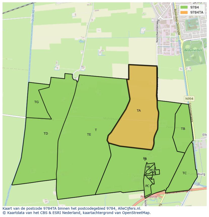 Afbeelding van het postcodegebied 9784 TA op de kaart.