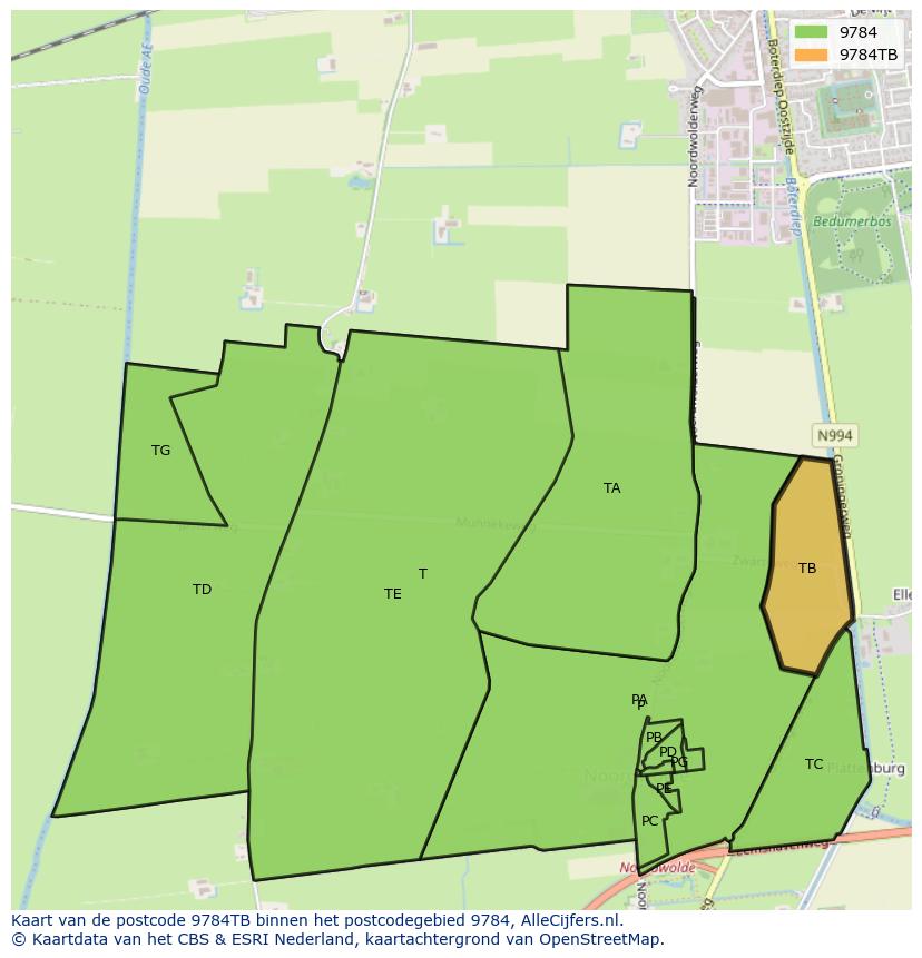 Afbeelding van het postcodegebied 9784 TB op de kaart.