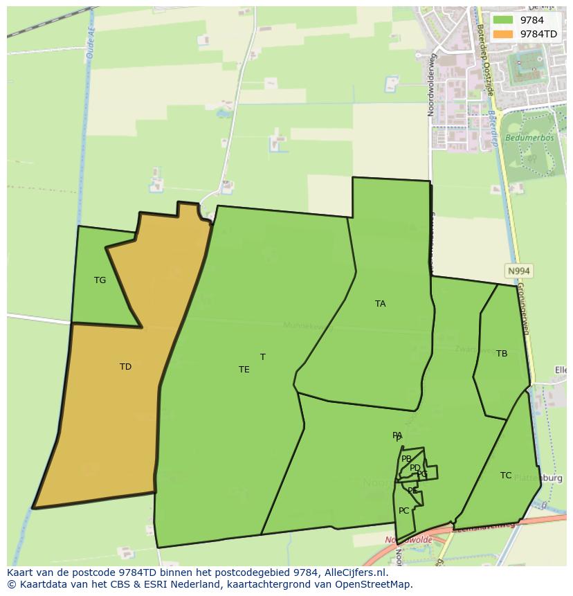 Afbeelding van het postcodegebied 9784 TD op de kaart.