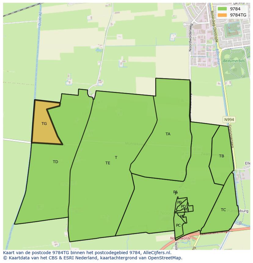 Afbeelding van het postcodegebied 9784 TG op de kaart.