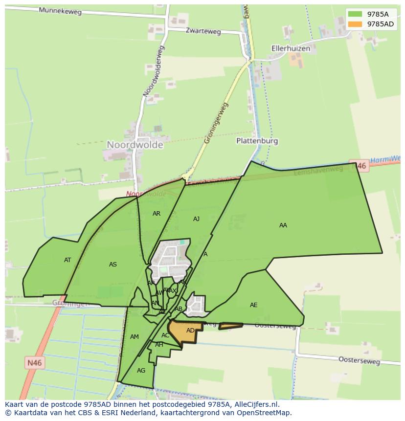 Afbeelding van het postcodegebied 9785 AD op de kaart.