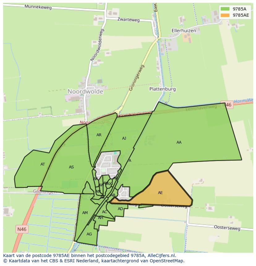 Afbeelding van het postcodegebied 9785 AE op de kaart.