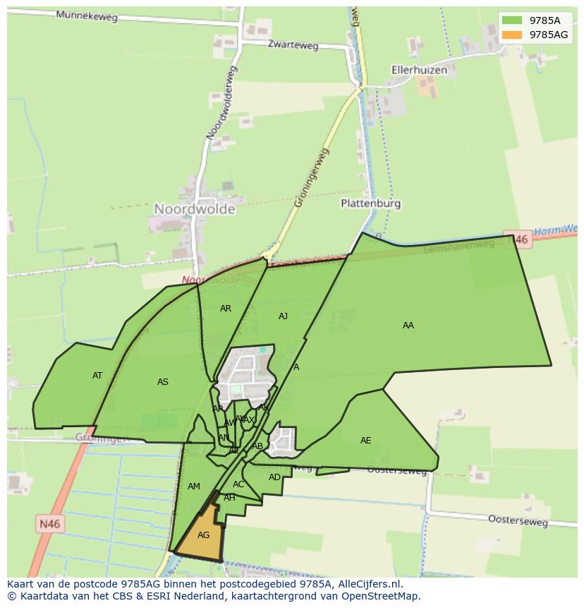 Afbeelding van het postcodegebied 9785 AG op de kaart.