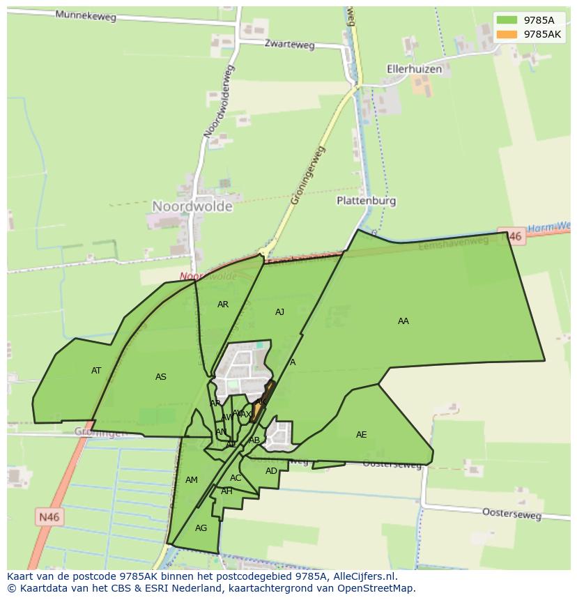 Afbeelding van het postcodegebied 9785 AK op de kaart.