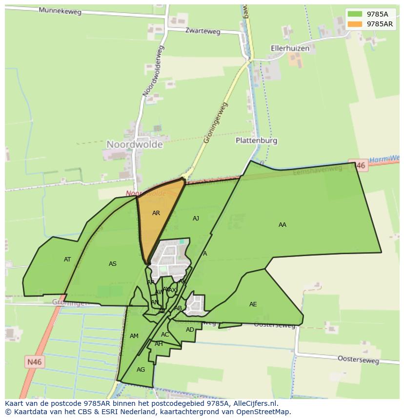 Afbeelding van het postcodegebied 9785 AR op de kaart.