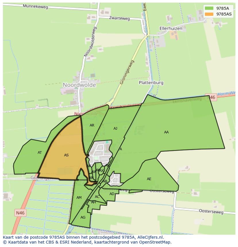 Afbeelding van het postcodegebied 9785 AS op de kaart.