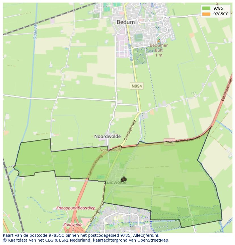 Afbeelding van het postcodegebied 9785 CC op de kaart.