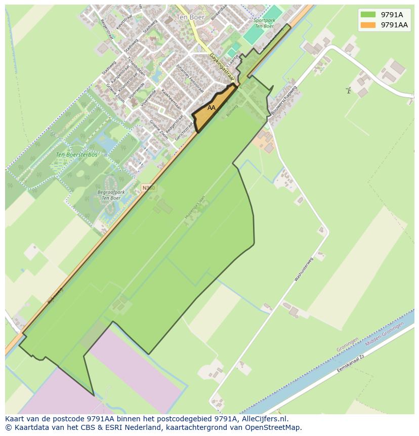 Afbeelding van het postcodegebied 9791 AA op de kaart.
