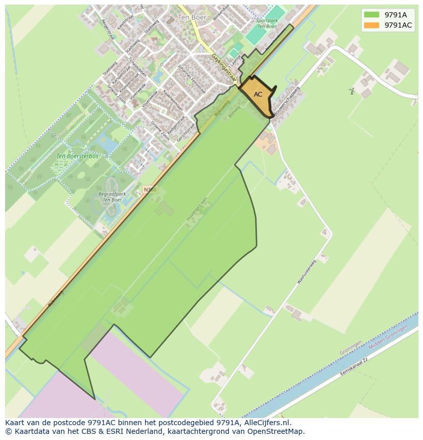Afbeelding van het postcodegebied 9791 AC op de kaart.