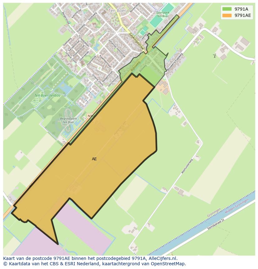 Afbeelding van het postcodegebied 9791 AE op de kaart.