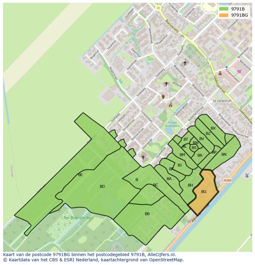 Afbeelding van het postcodegebied 9791 BG op de kaart.